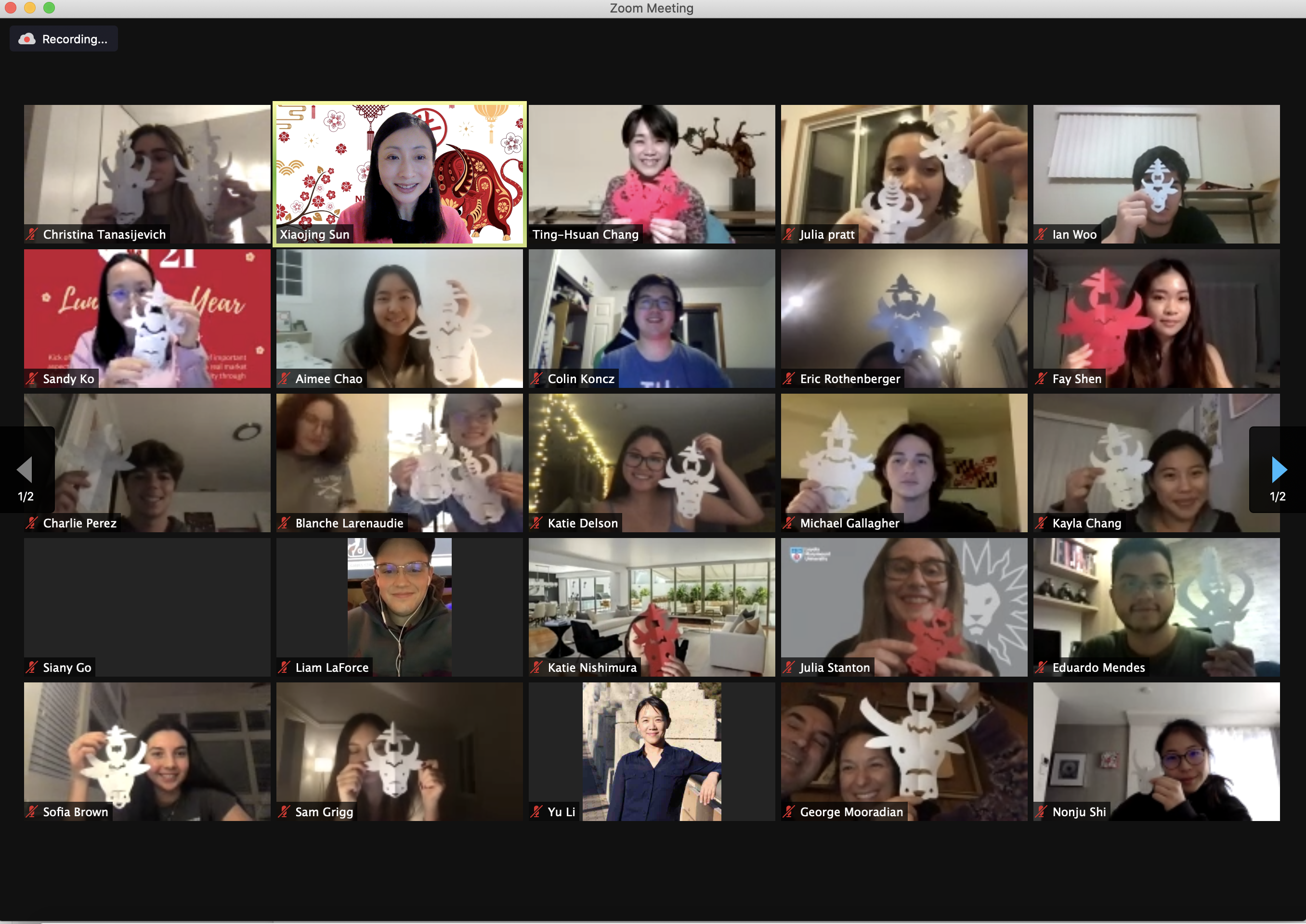 Images of students on Zoom creating Year of the Ox decorations to celebrate 2021 Chinese New Year